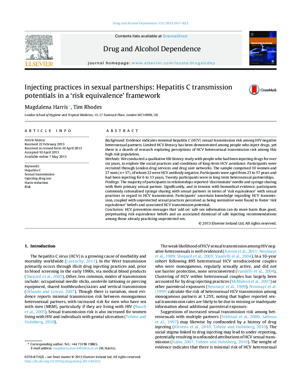 Injecting practices in sexual partnerships: Hepatitis C transmission potentials in a 'risk equivalence' framework