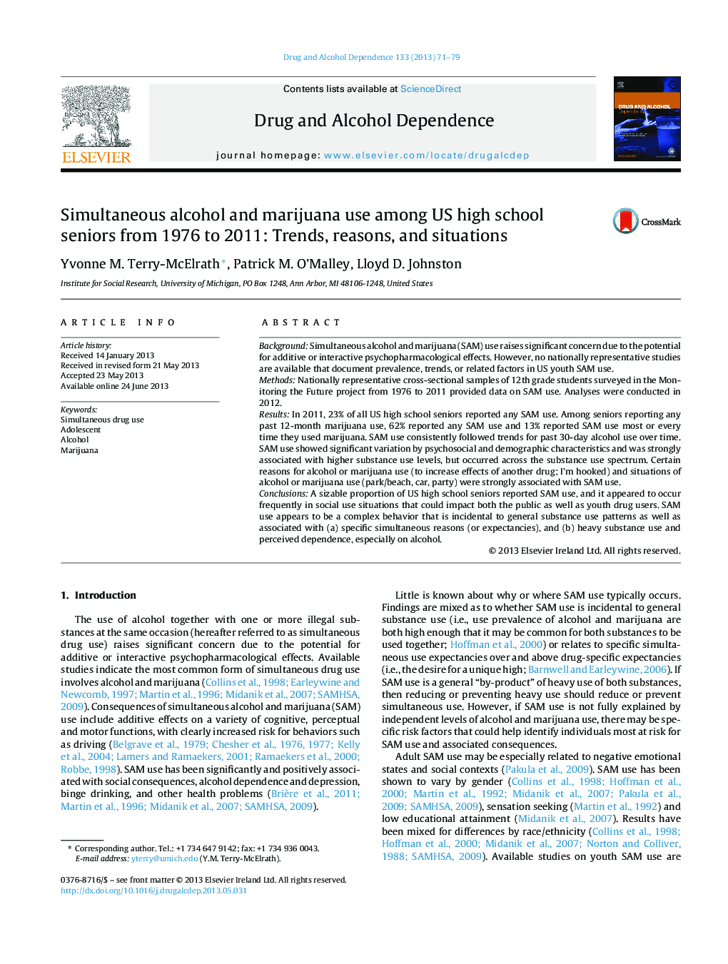 Simultaneous alcohol and marijuana use among US high school seniors from 1976 to 2011: Trends, reasons, and situations