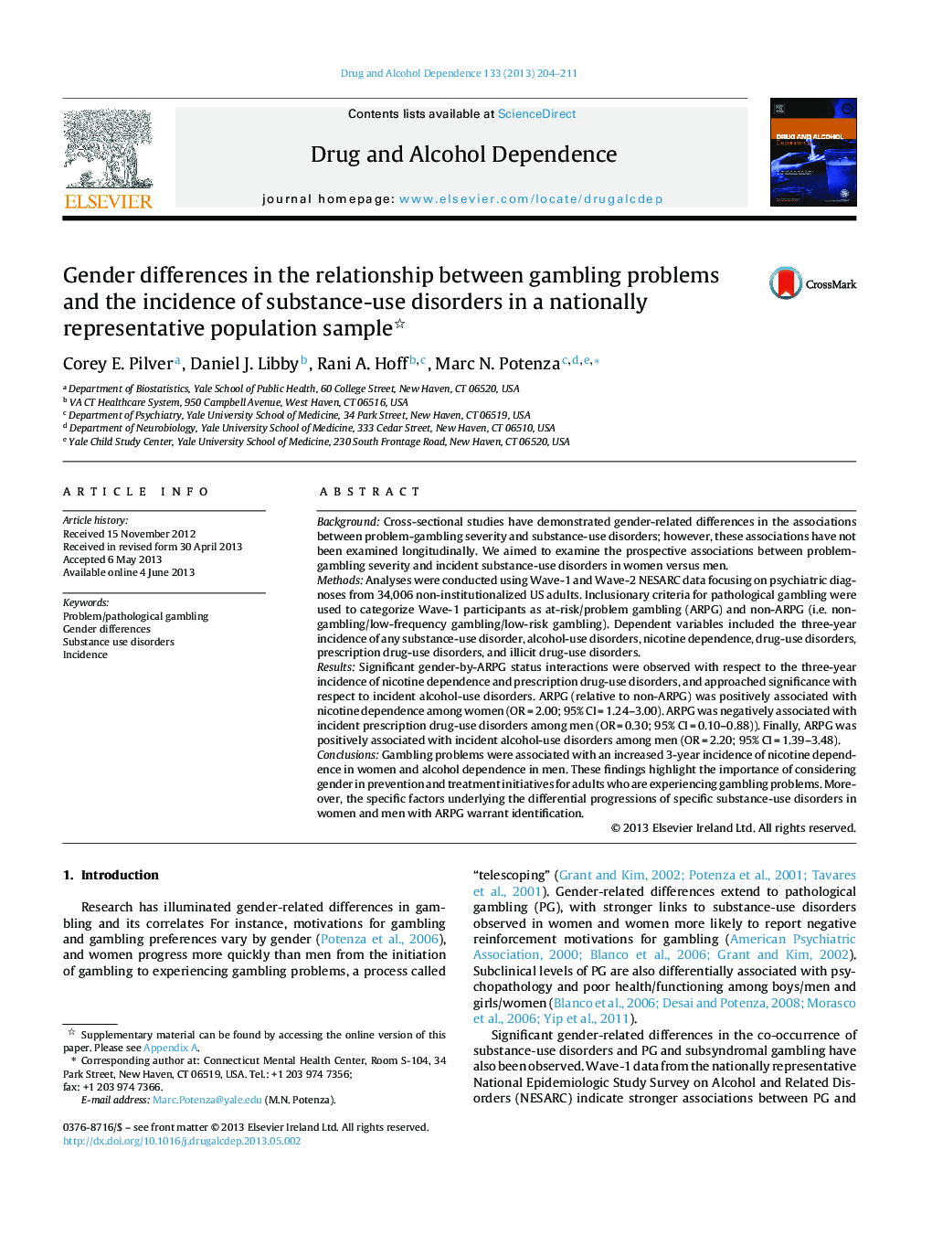 Gender differences in the relationship between gambling problems and the incidence of substance-use disorders in a nationally representative population sample