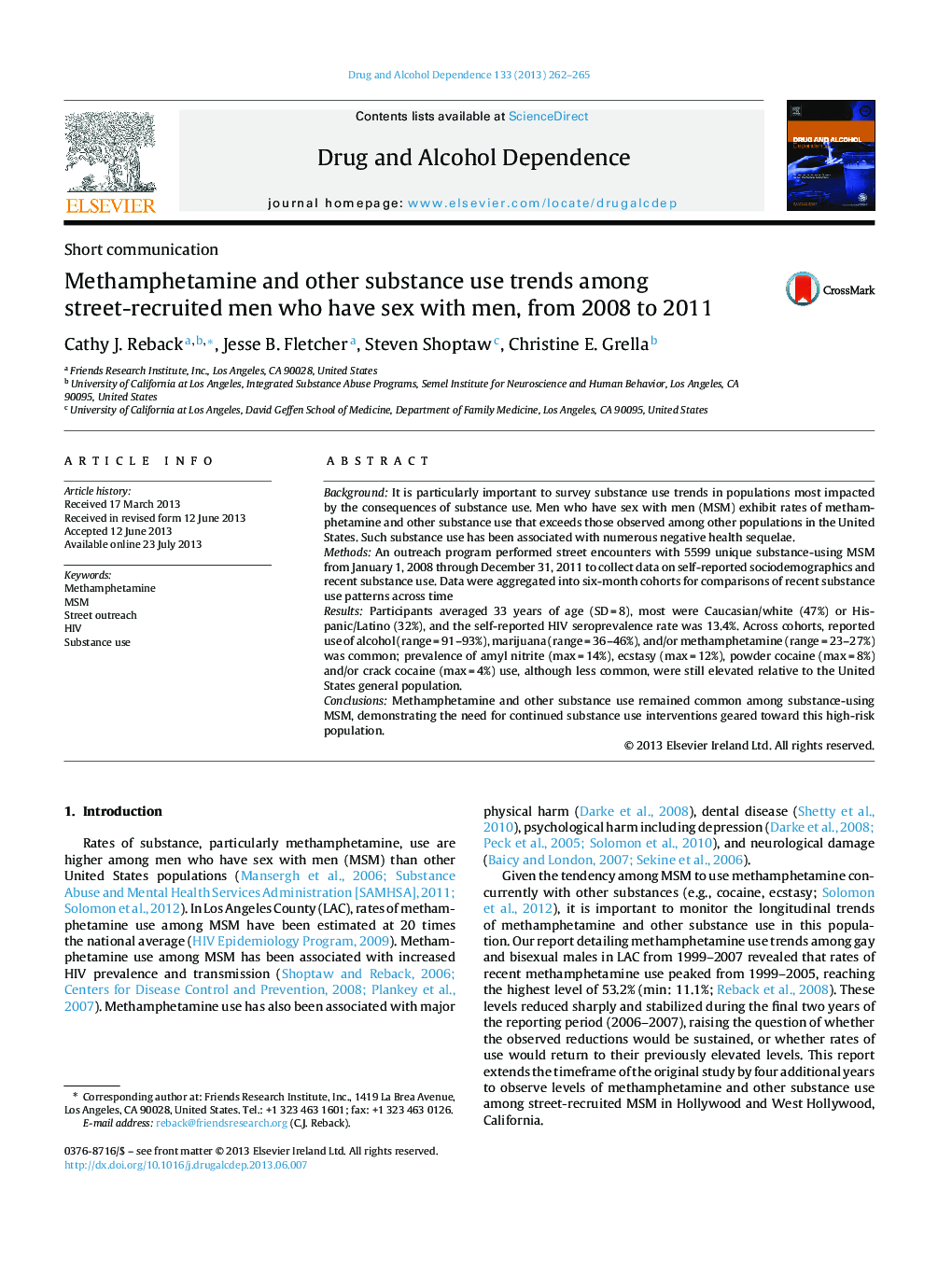 Methamphetamine and other substance use trends among street-recruited men who have sex with men, from 2008 to 2011