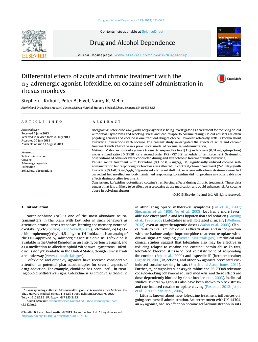 Differential effects of acute and chronic treatment with the Î±2-adrenergic agonist, lofexidine, on cocaine self-administration in rhesus monkeys