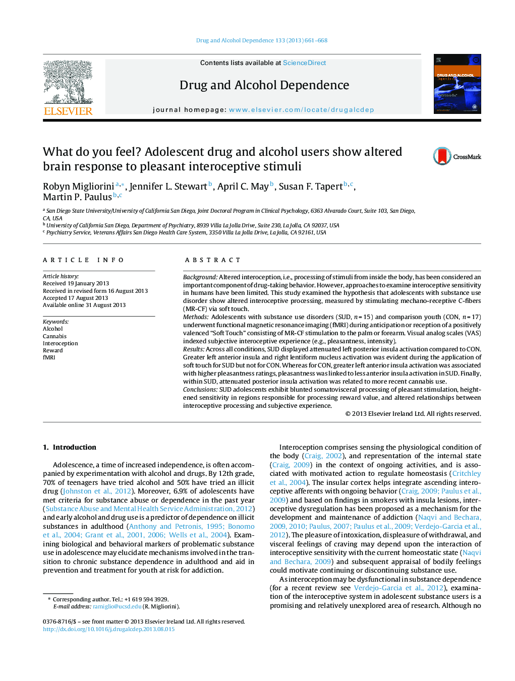 What do you feel? Adolescent drug and alcohol users show altered brain response to pleasant interoceptive stimuli