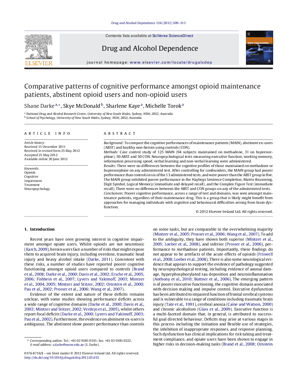 Comparative patterns of cognitive performance amongst opioid maintenance patients, abstinent opioid users and non-opioid users