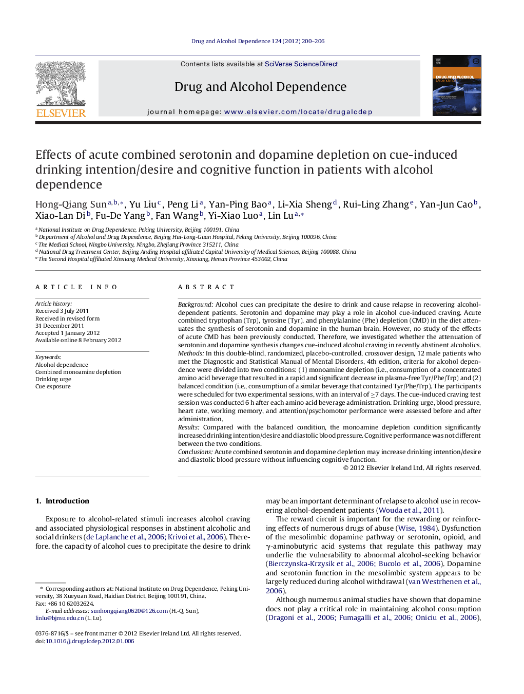 Effects of acute combined serotonin and dopamine depletion on cue-induced drinking intention/desire and cognitive function in patients with alcohol dependence