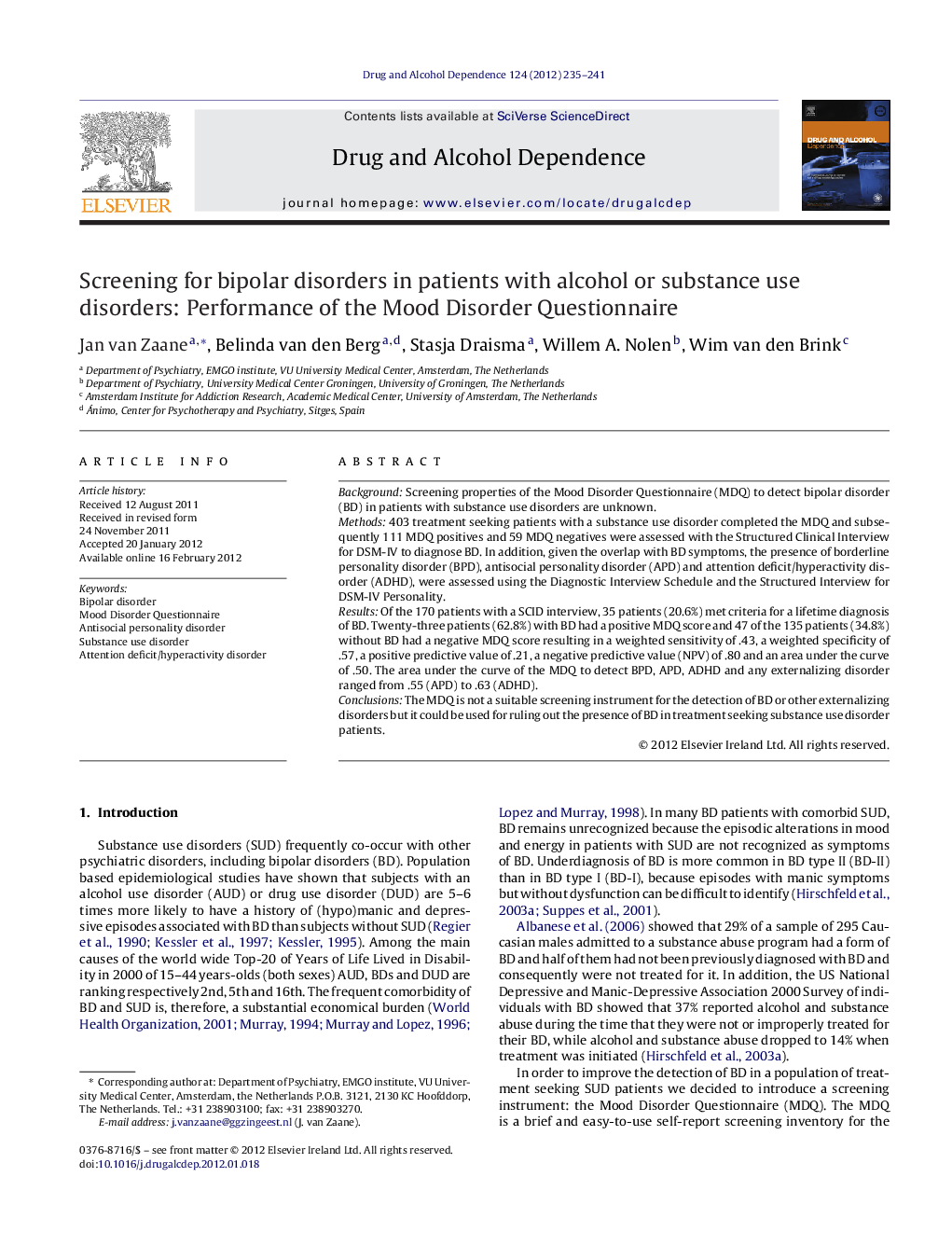 Screening for bipolar disorders in patients with alcohol or substance use disorders: Performance of the Mood Disorder Questionnaire