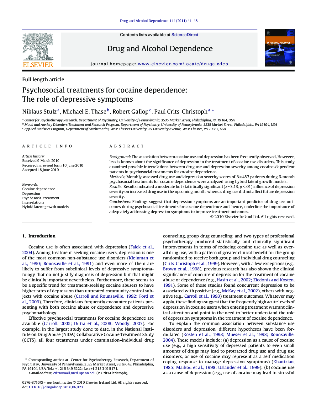 Psychosocial treatments for cocaine dependence: The role of depressive symptoms