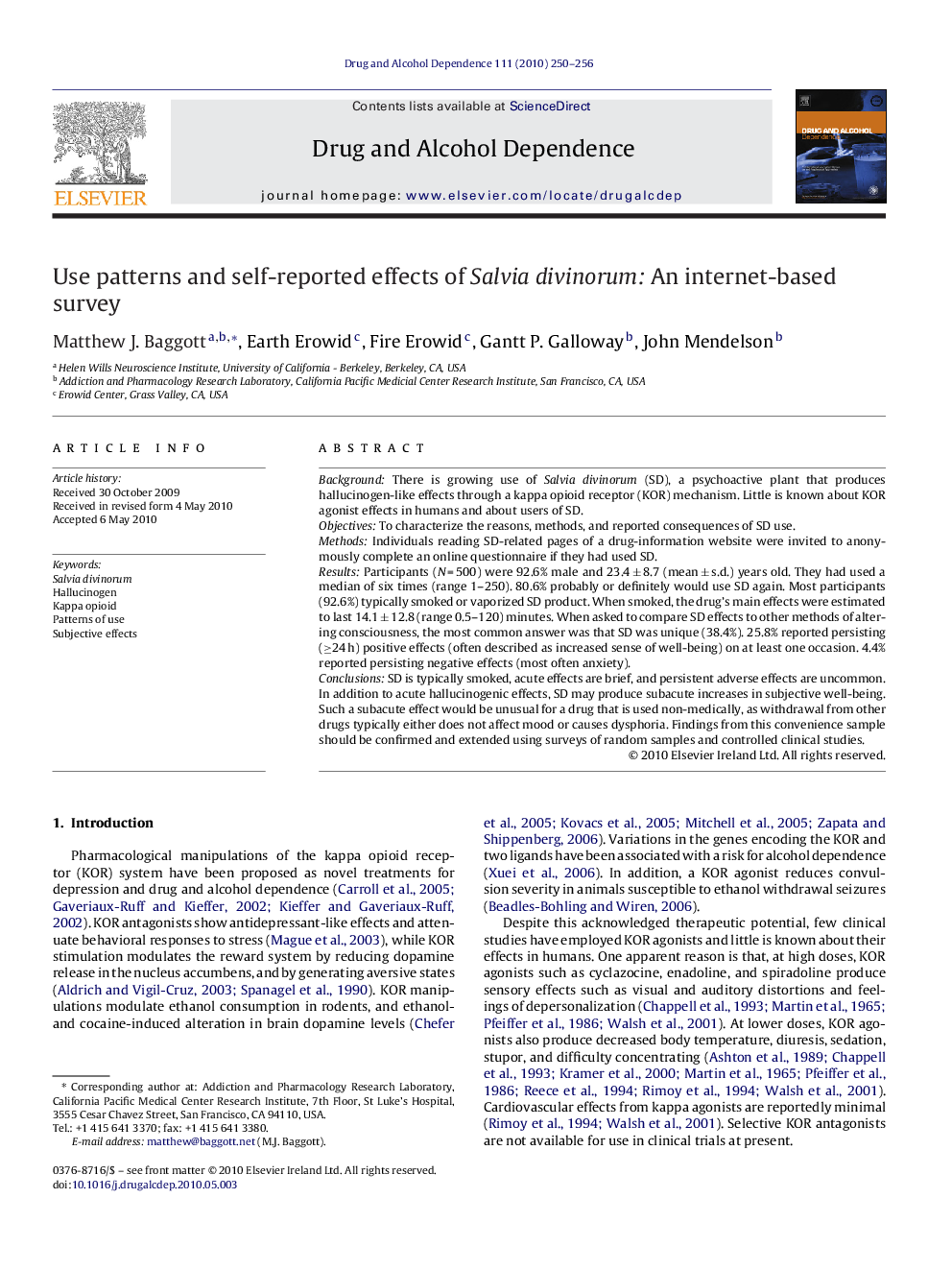 Use patterns and self-reported effects of Salvia divinorum: An internet-based survey