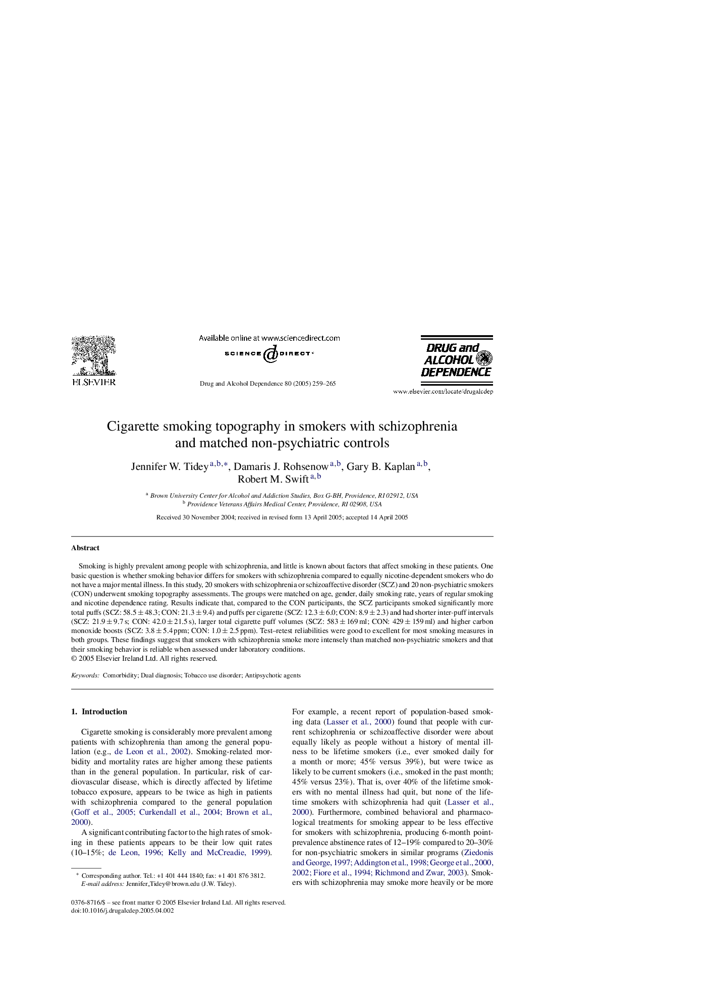 Cigarette smoking topography in smokers with schizophrenia and matched non-psychiatric controls