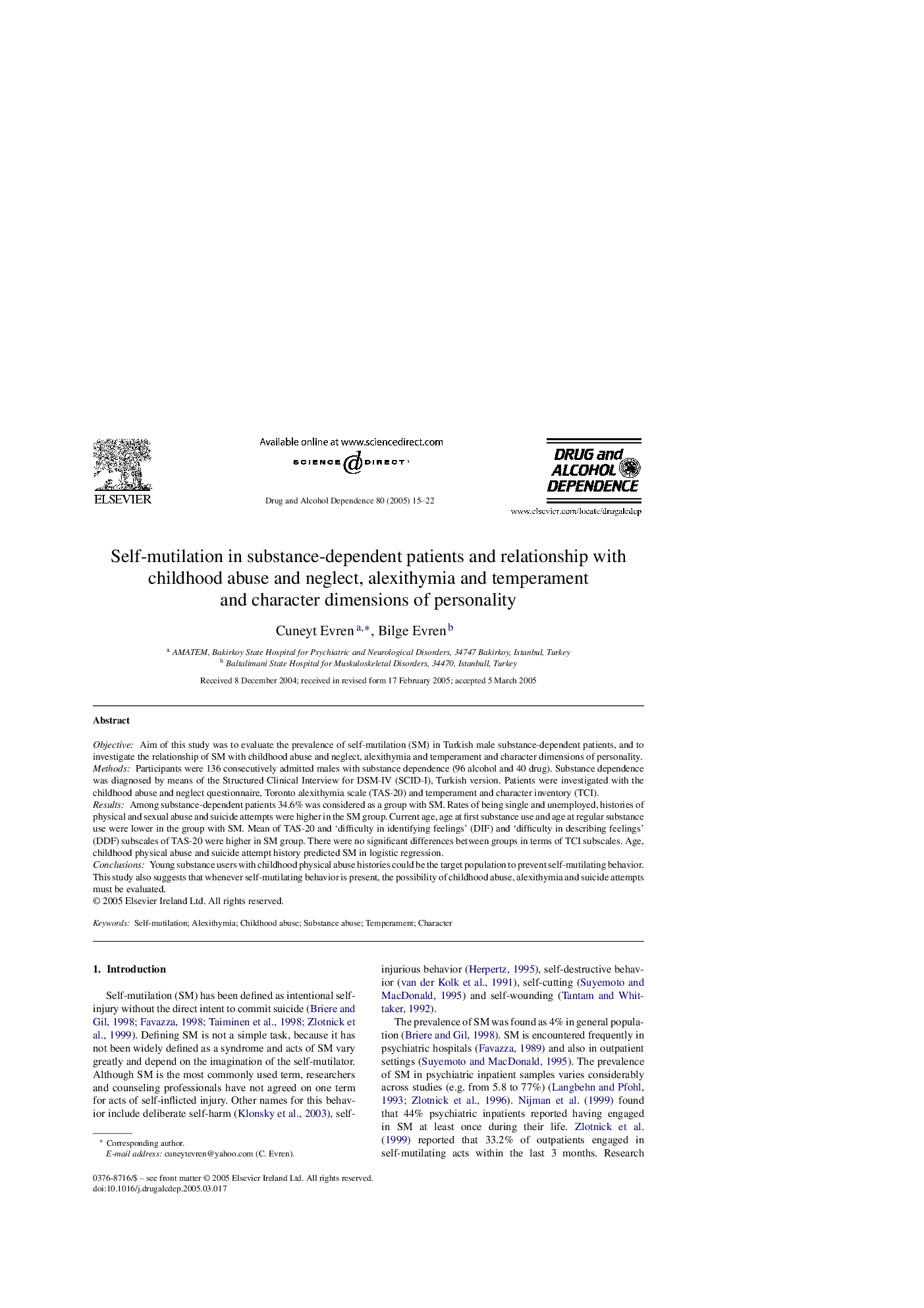 Self-mutilation in substance-dependent patients and relationship with childhood abuse and neglect, alexithymia and temperament and character dimensions of personality