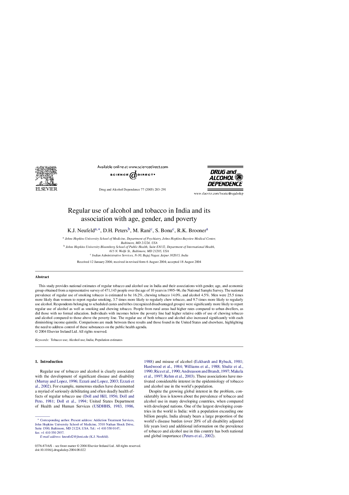 Regular use of alcohol and tobacco in India and its association with age, gender, and poverty