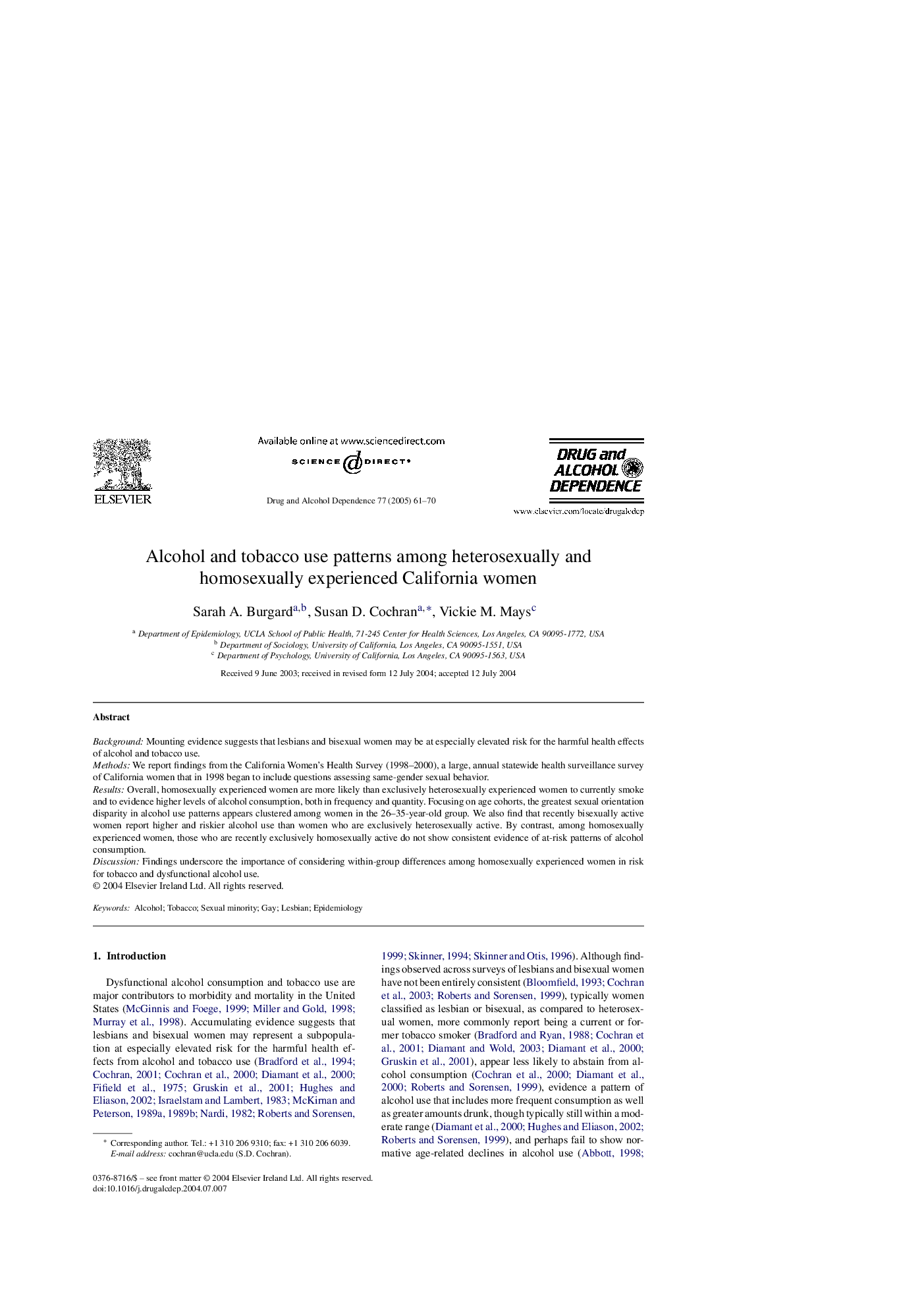 Alcohol and tobacco use patterns among heterosexually and homosexually experienced California women