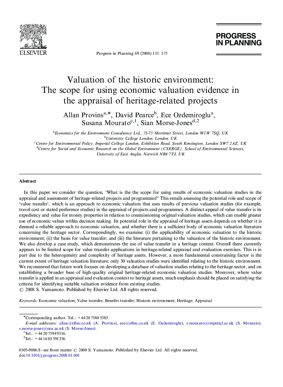 Valuation of the historic environment: The scope for using economic valuation evidence in the appraisal of heritage-related projects