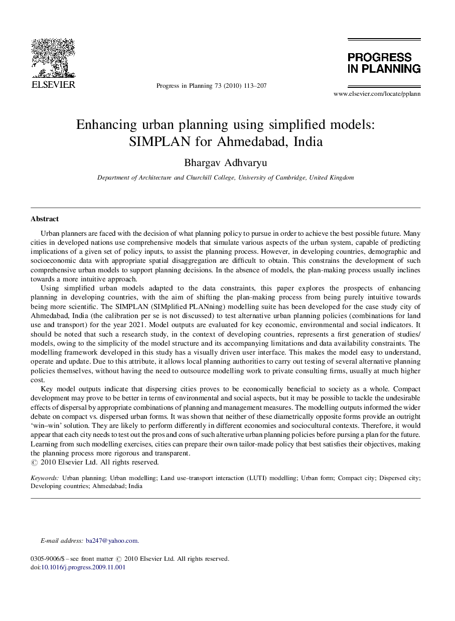 Enhancing urban planning using simplified models: SIMPLAN for Ahmedabad, India