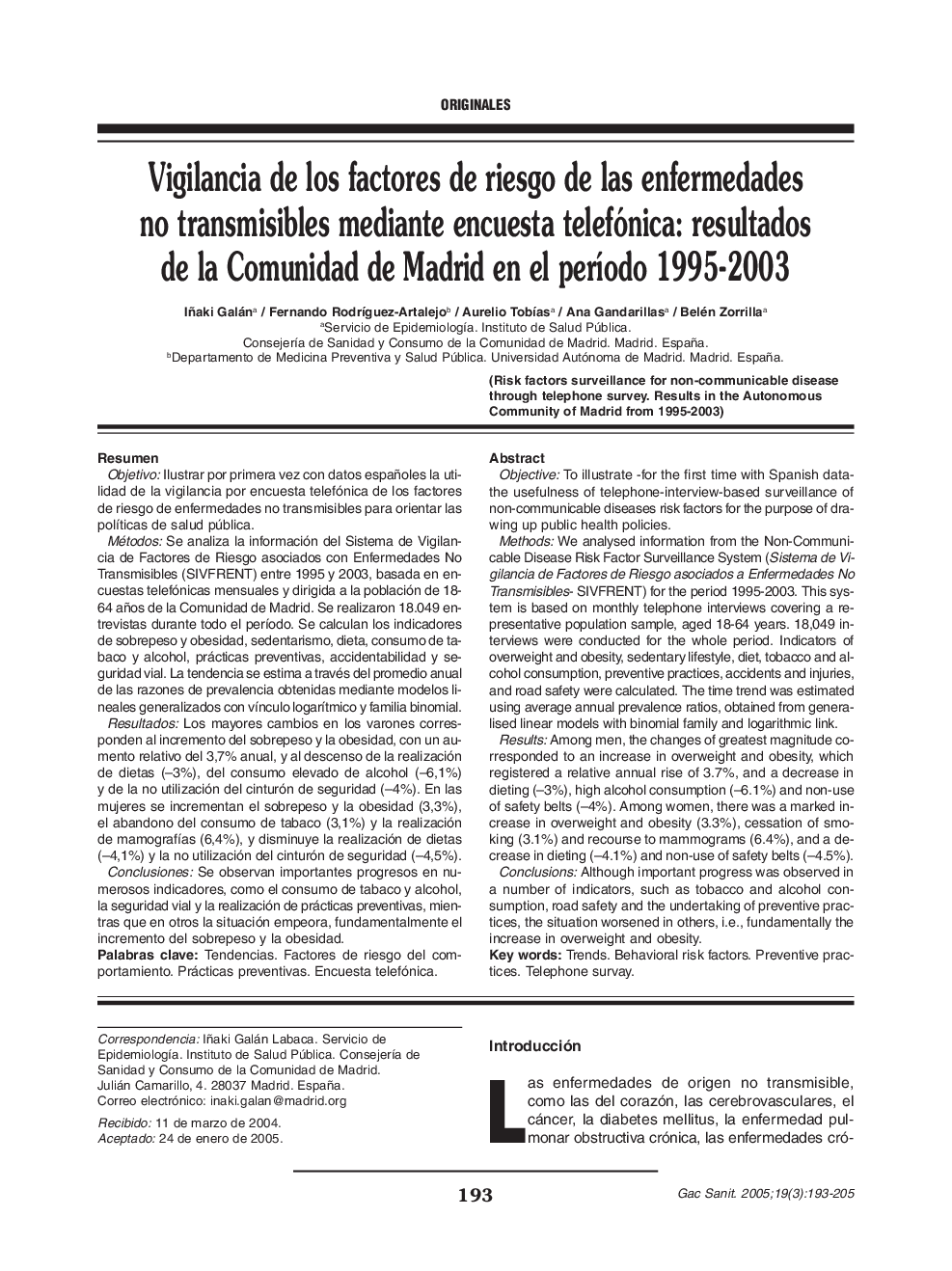 عکس صفحه اول مقاله: Vigilancia de los factores de riesgo de las enfermedades no transmisibles mediante encuesta telefónica: resultados de la Comunidad de Madrid en el perÃodo 1995-2003 Vigilancia de los factores de riesgo de las enfermedades no transmisibles mediante encuesta telefónica: resultados de la Comunidad de Madrid en el perÃodo 1995-2003