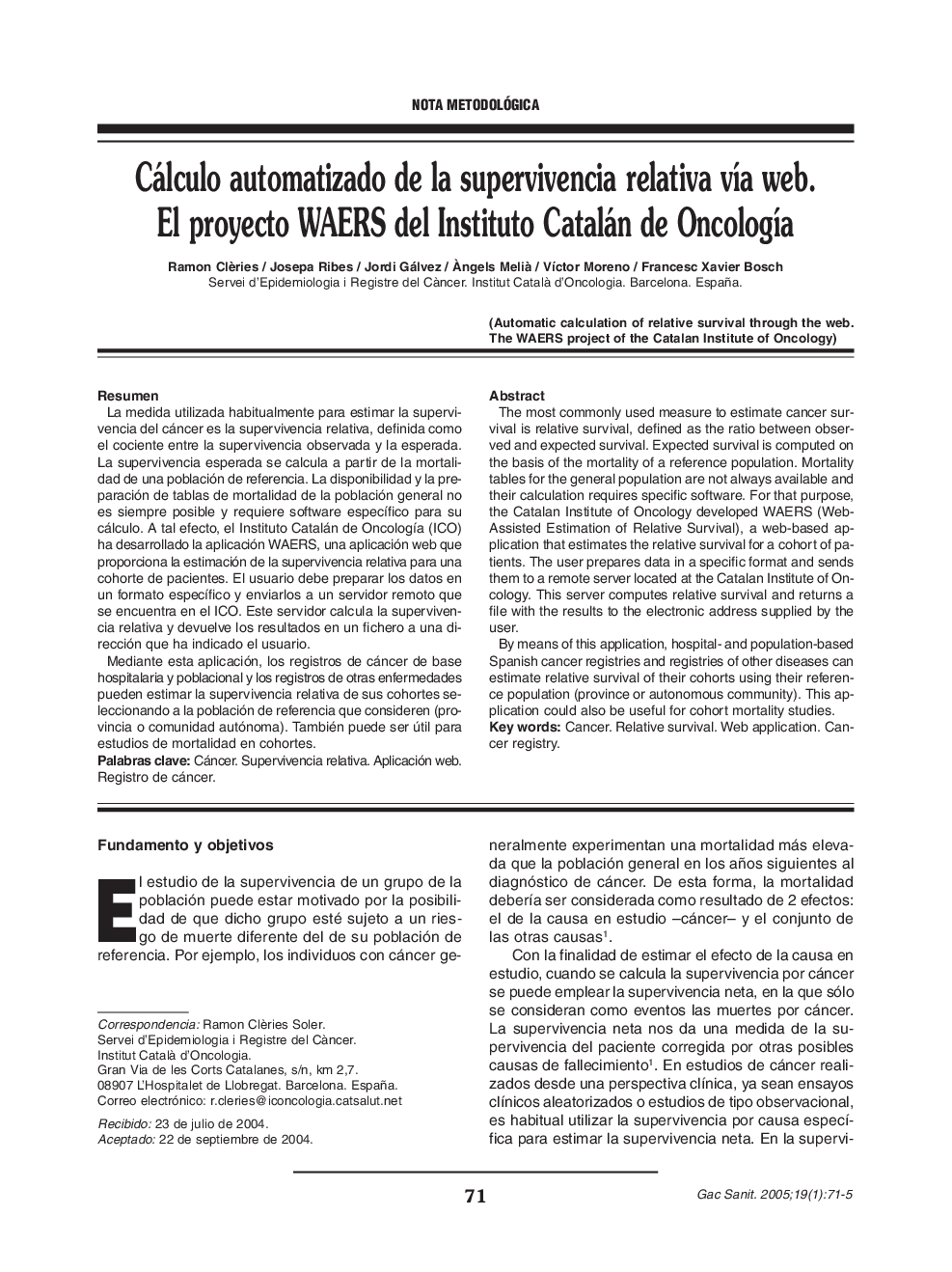 Cálculo automatizado de la supervivencia relativa vÃ­a web. El proyecto WAERS del Instituto Catalán de OncologÃ­a