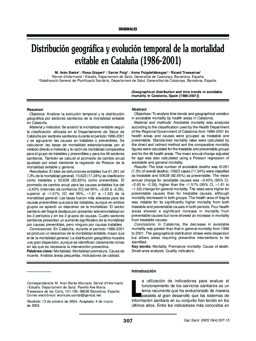 Distribución geográfica y evolución temporal de la mortalidad evitable en Cataluña (1986-2001)