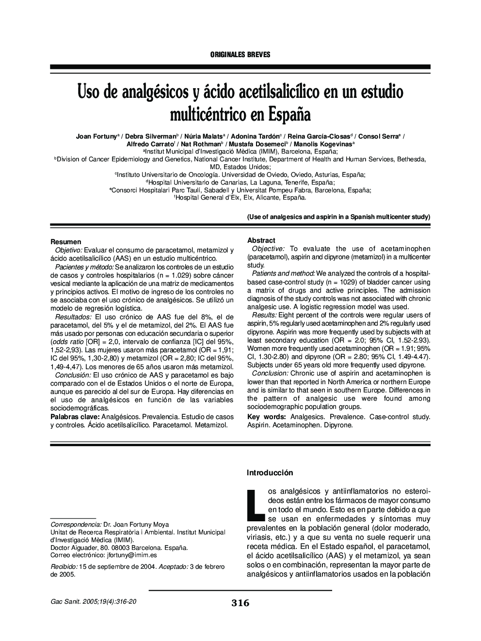 Uso de analgésicos y ácido acetilsalicÃ­lico en un estudio multicéntrico en España