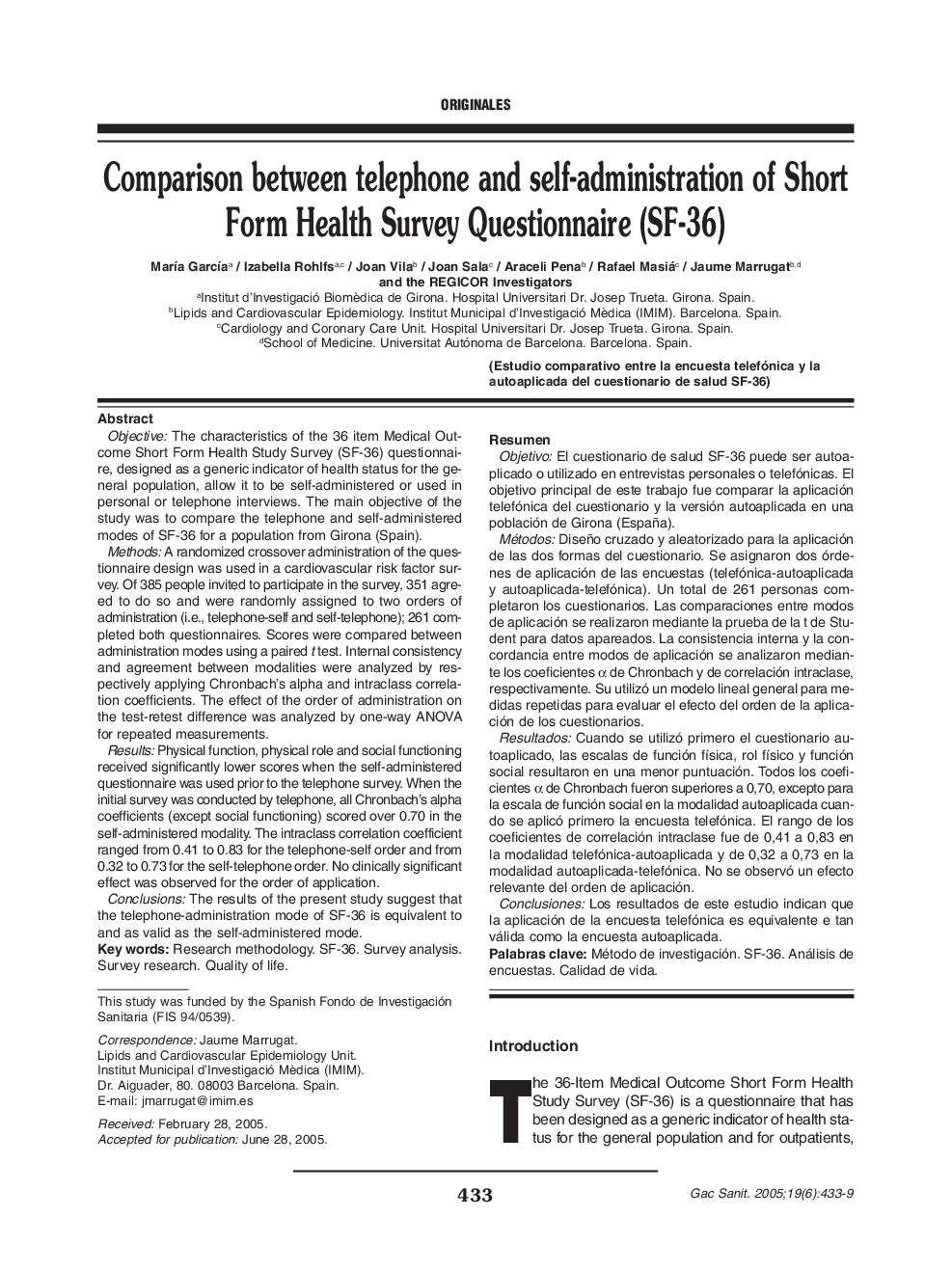 Comparison between telephone and self-administration of Short Form Health Survey Questionnaire (SF-36)