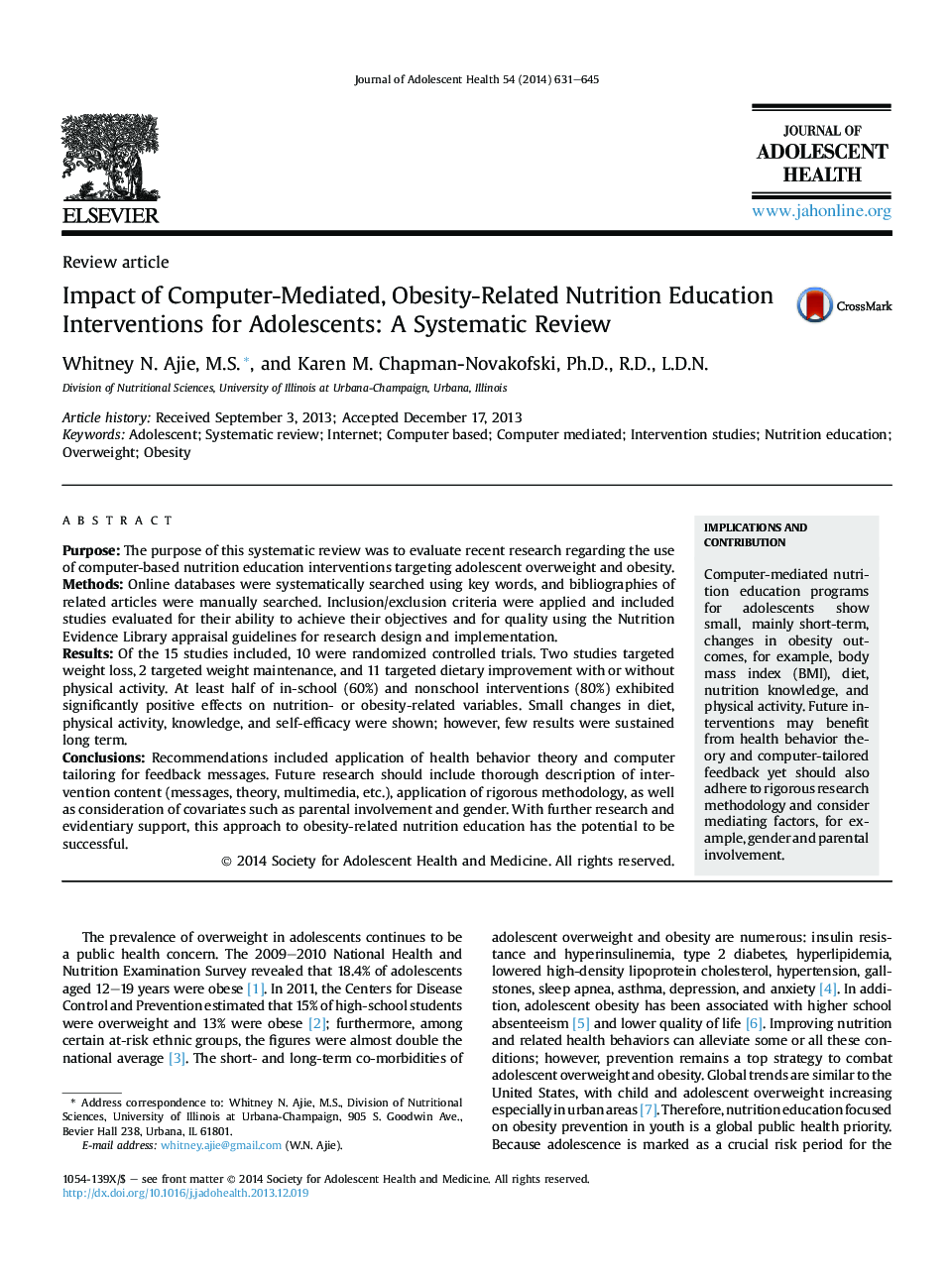 Impact of Computer-Mediated, Obesity-Related Nutrition Education Interventions for Adolescents: A Systematic Review