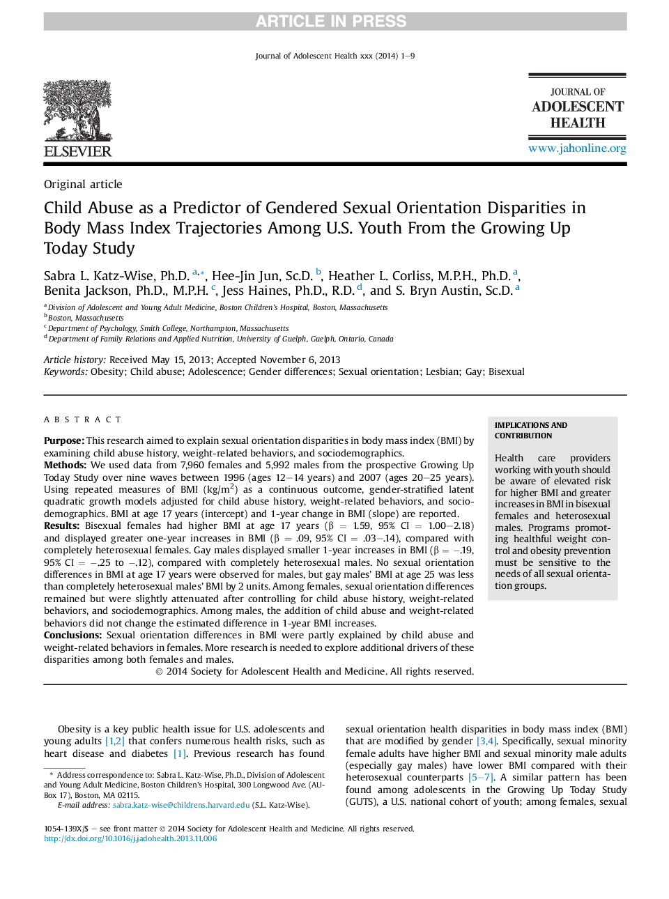 Child Abuse as a Predictor of Gendered Sexual Orientation Disparities in BodyÂ Mass Index Trajectories Among U.S. Youth From the Growing Up TodayÂ Study