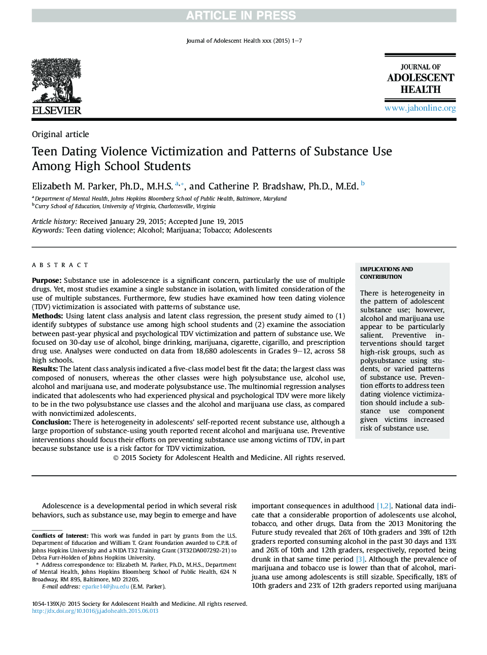 Teen Dating Violence Victimization and Patterns of Substance Use Among High School Students