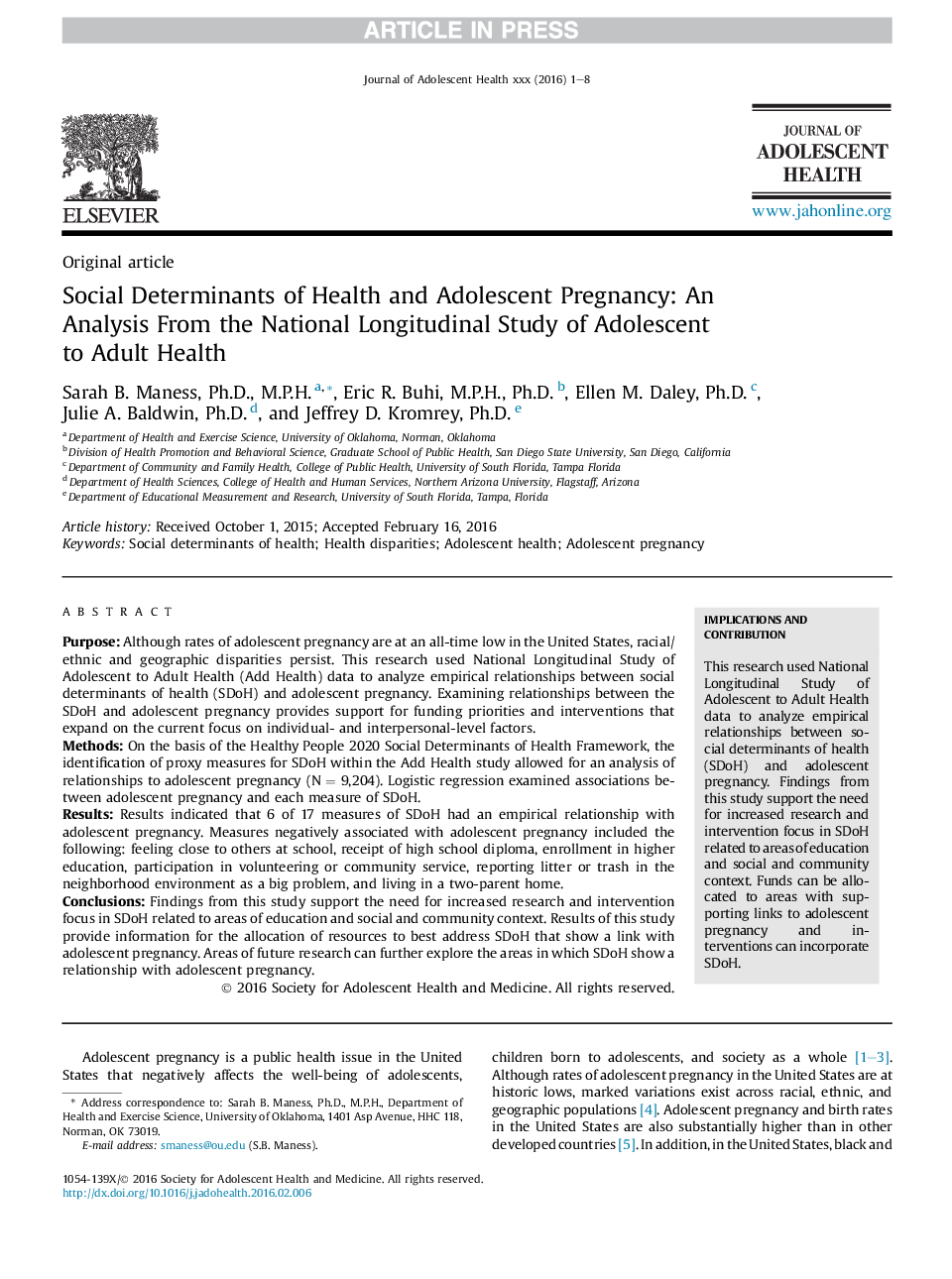 Social Determinants of Health and Adolescent Pregnancy: An Analysis From the National Longitudinal Study of Adolescent to Adult Health