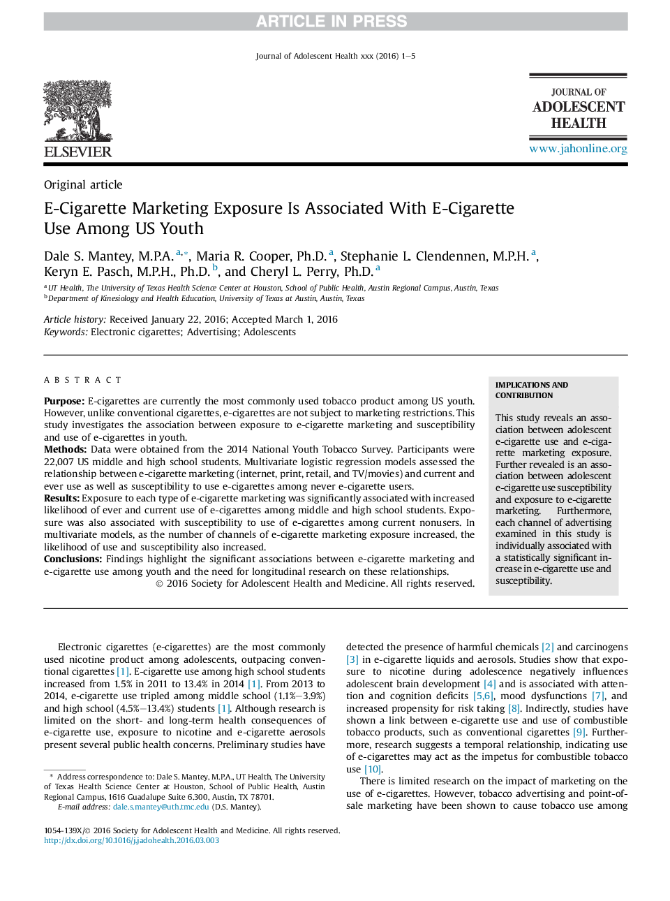 قرار گرفتن در معرض بازاریابی سیگار با استفاده از سیگار الکترونیکی در بین جوانان آمریکایی همراه است 