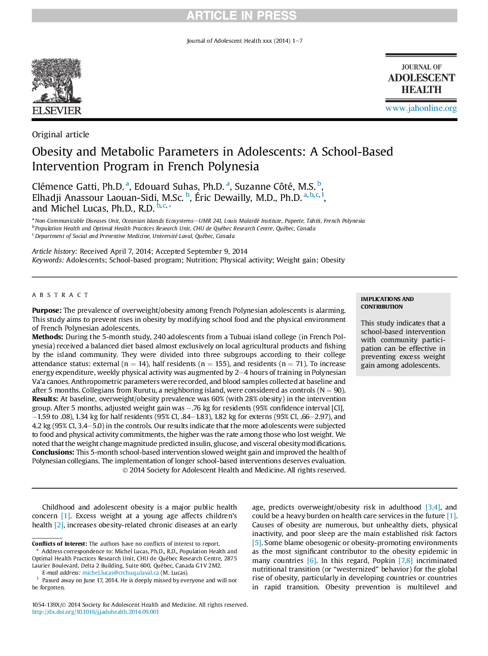 Obesity and Metabolic Parameters in Adolescents: A School-Based Intervention Program in French Polynesia