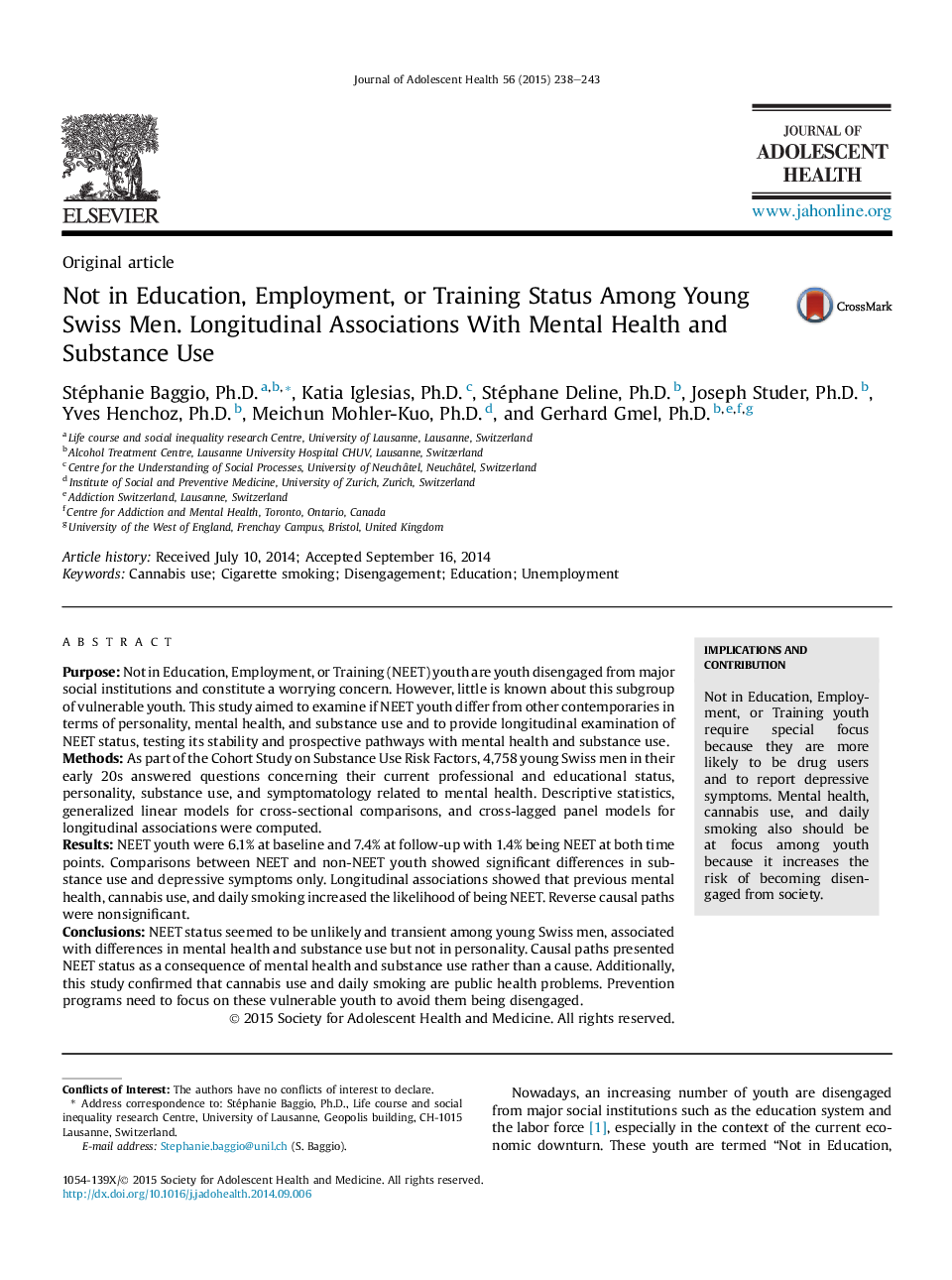 Not in Education, Employment, or Training Status Among Young Swiss Men. Longitudinal Associations With Mental Health and Substance Use