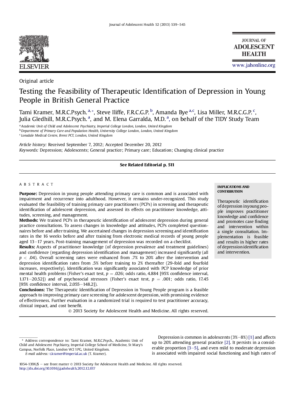 Testing the Feasibility of Therapeutic Identification of Depression in Young People in British General Practice