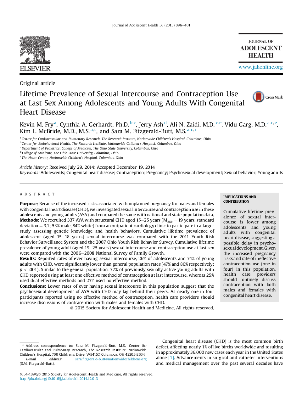 Lifetime Prevalence of Sexual Intercourse and Contraception Use at Last Sex Among Adolescents and Young Adults With Congenital Heart Disease