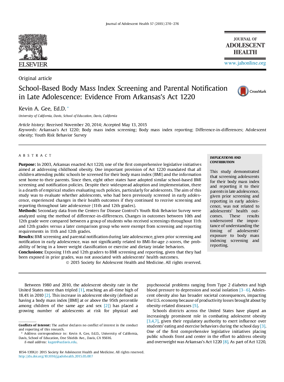 School-Based Body Mass Index Screening and Parental Notification in Late Adolescence: Evidence From Arkansas's Act 1220