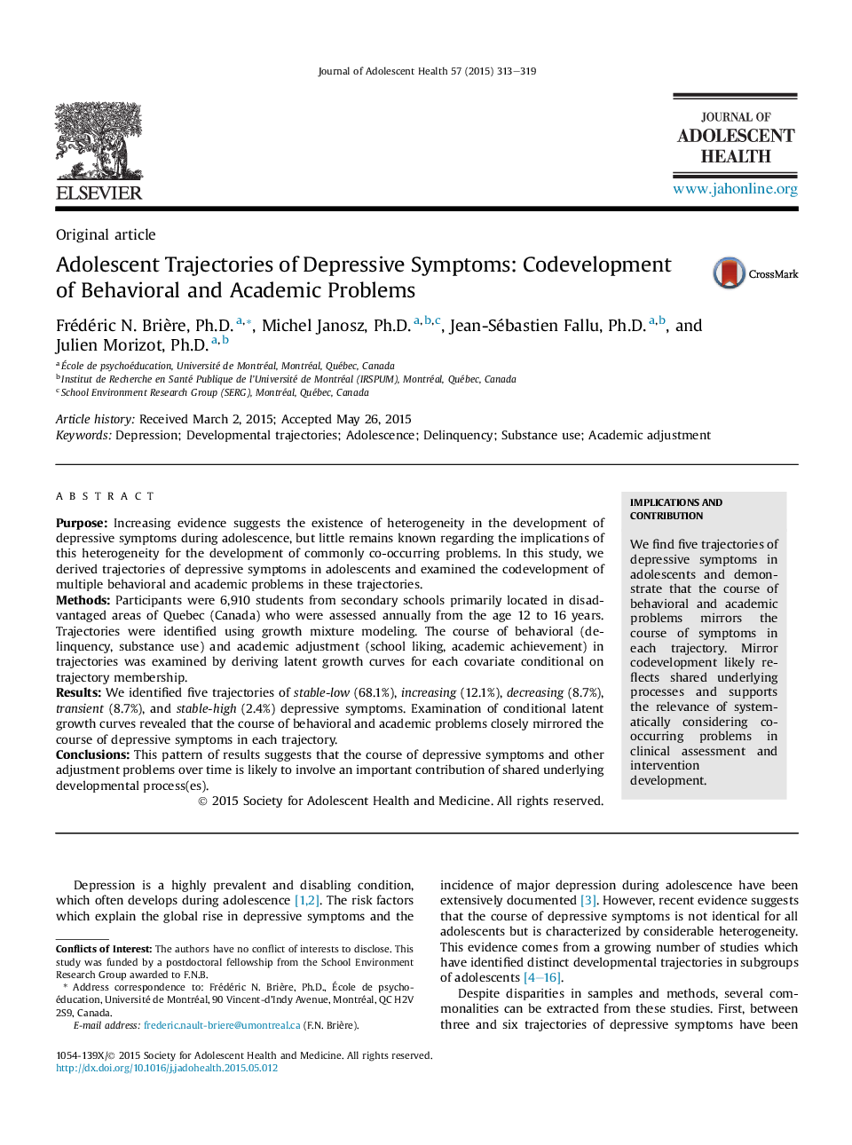 Adolescent Trajectories of Depressive Symptoms: Codevelopment of Behavioral and Academic Problems