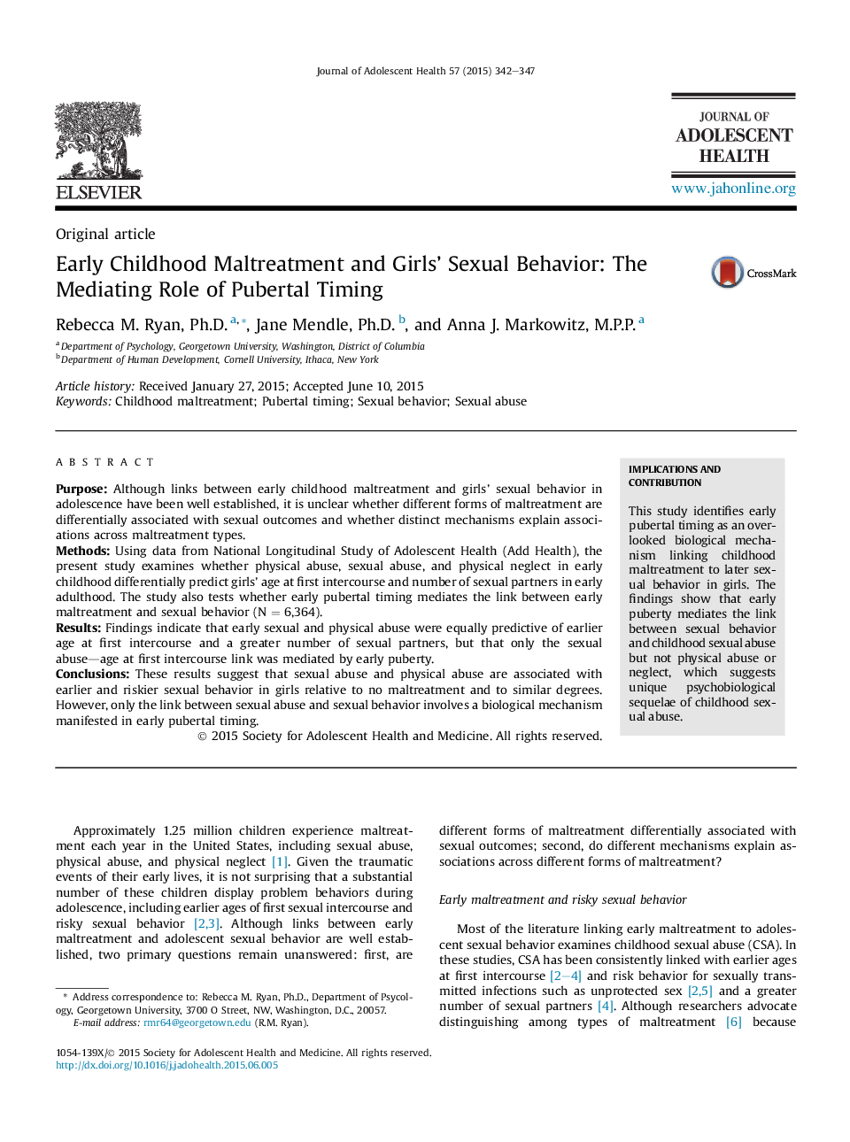 Early Childhood Maltreatment and Girls' Sexual Behavior: The Mediating Role of Pubertal Timing