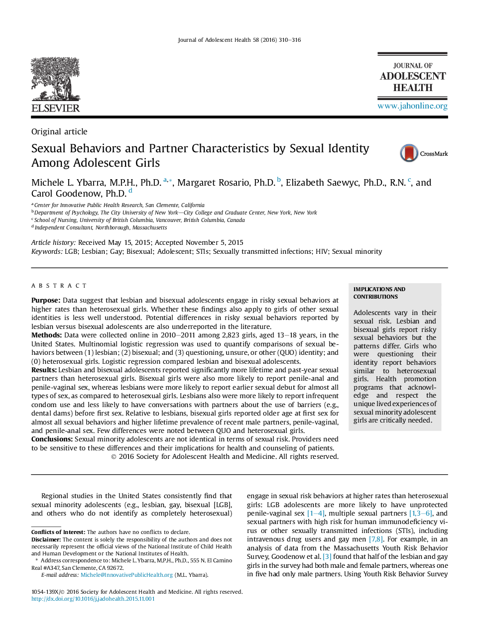 Sexual Behaviors and Partner Characteristics by Sexual Identity Among Adolescent Girls