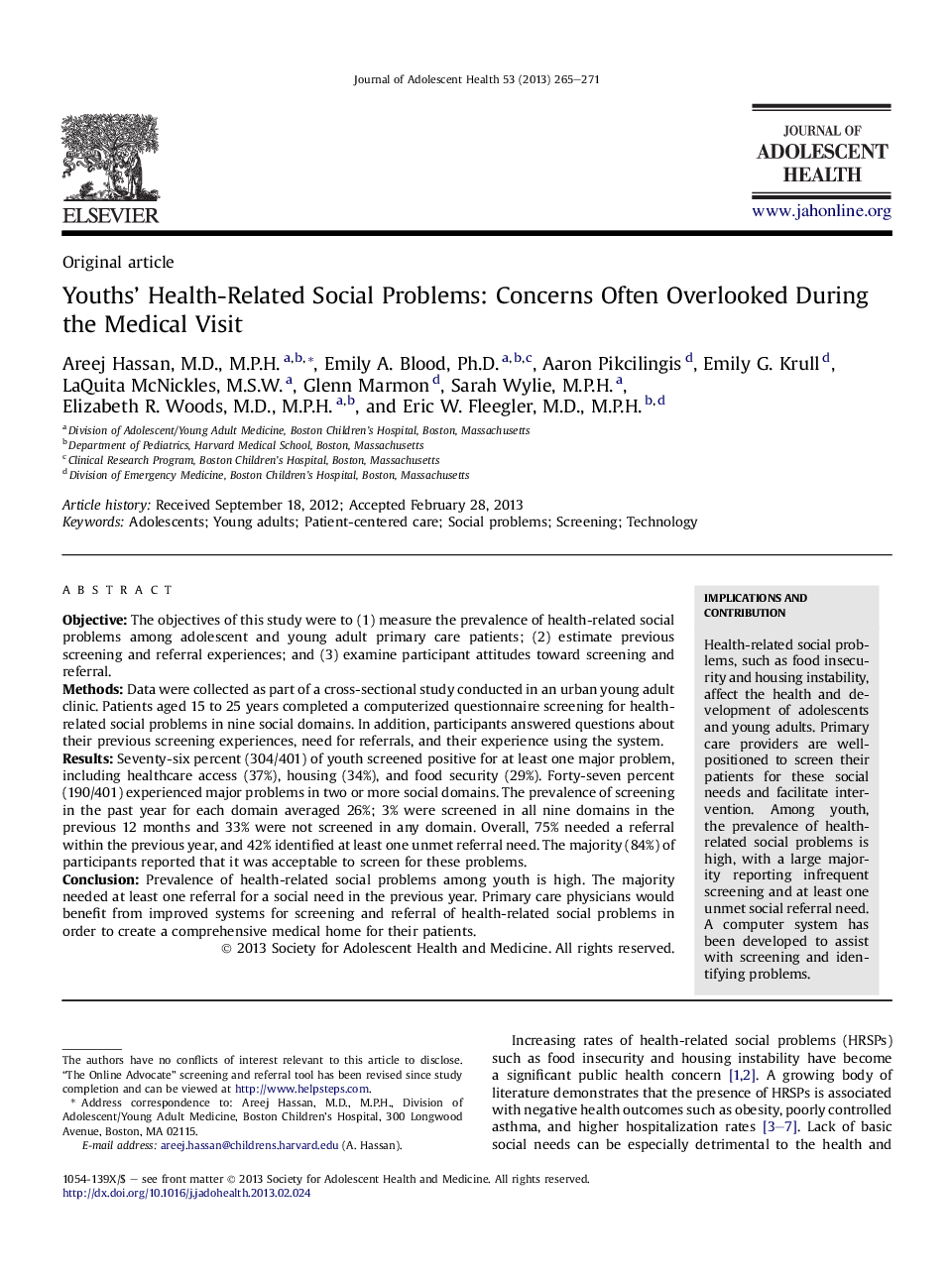 Youths' Health-Related Social Problems: Concerns Often Overlooked During the Medical Visit