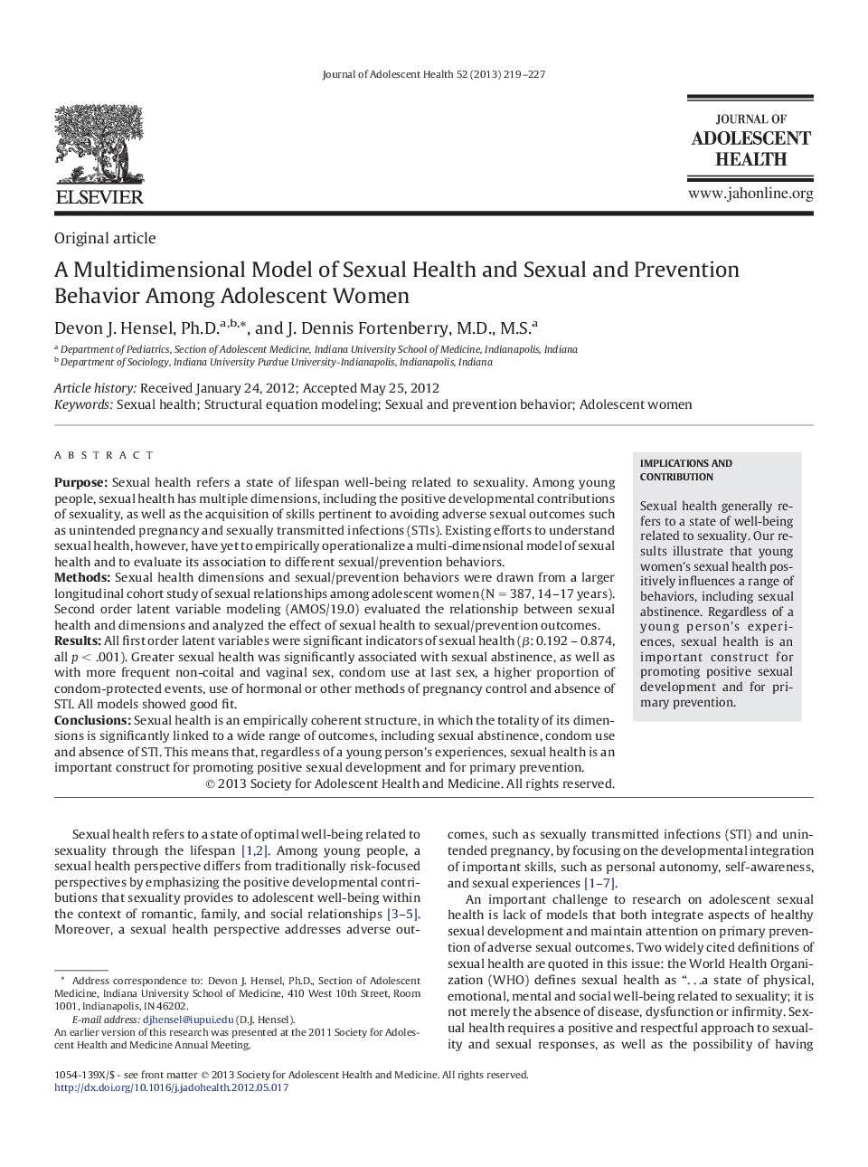 A Multidimensional Model of Sexual Health and Sexual and Prevention Behavior Among Adolescent Women