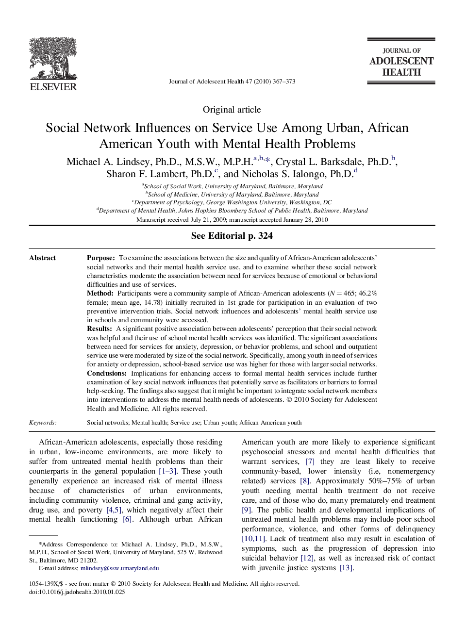 Social Network Influences on Service Use Among Urban, African American Youth with Mental Health Problems