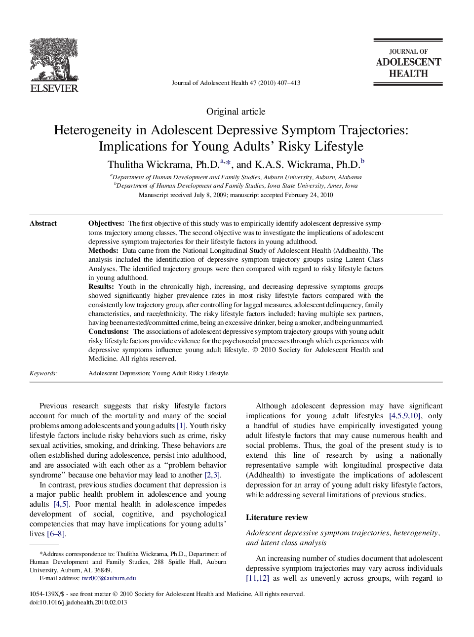 Heterogeneity in Adolescent Depressive Symptom Trajectories: Implications for Young Adults' Risky Lifestyle