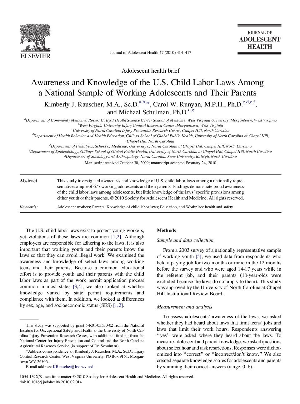 Awareness and Knowledge of the U.S. Child Labor Laws Among a National Sample of Working Adolescents and Their Parents