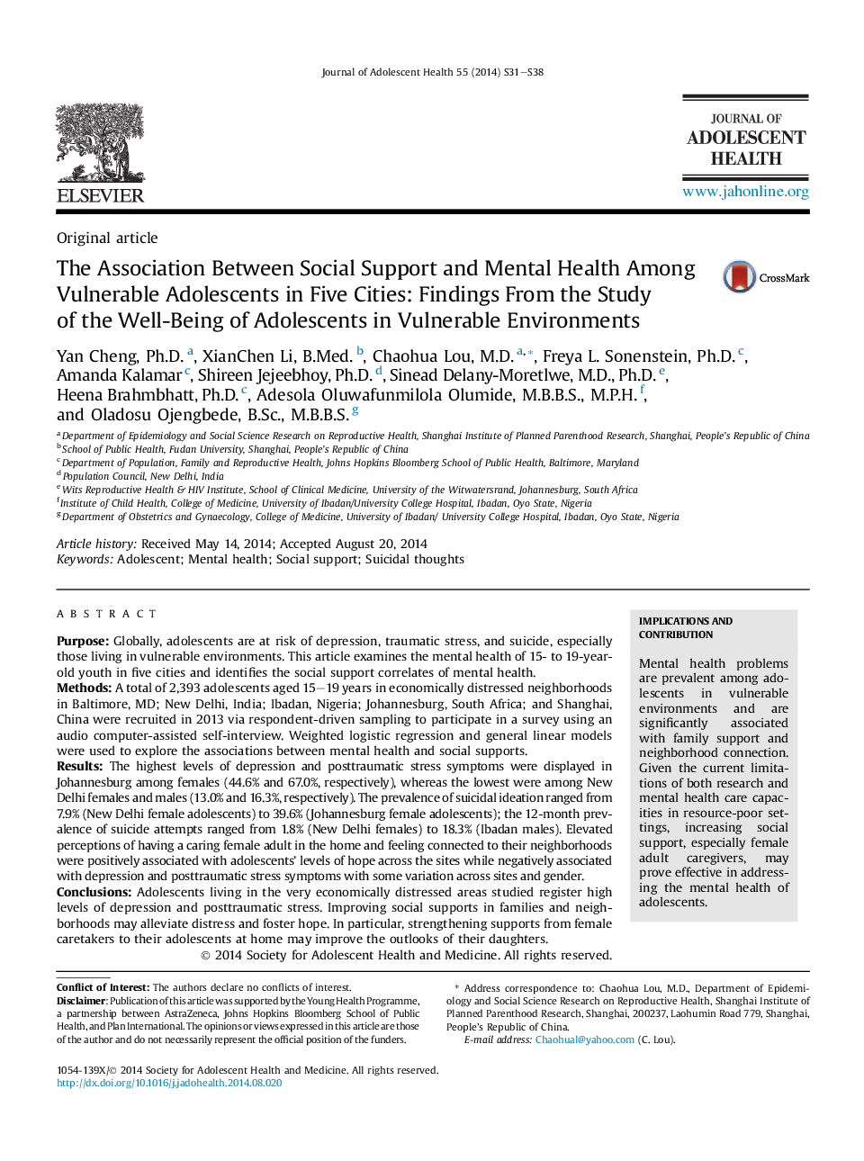 The Association Between Social Support and Mental Health Among Vulnerable Adolescents in Five Cities: Findings From the Study of the Well-Being of Adolescents in Vulnerable Environments