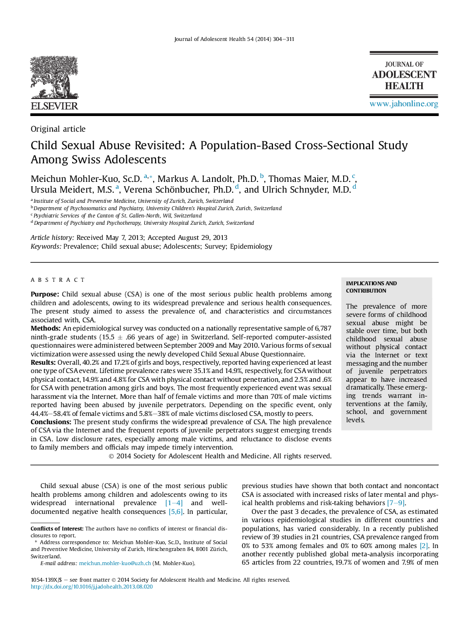 Child Sexual Abuse Revisited: A Population-Based Cross-Sectional Study Among Swiss Adolescents