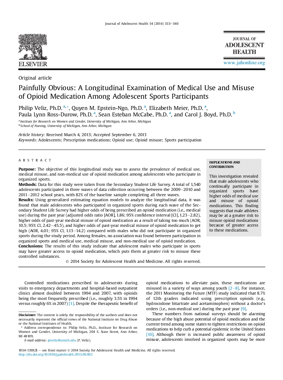 Painfully Obvious: A Longitudinal Examination of Medical Use and Misuse of Opioid Medication Among Adolescent Sports Participants