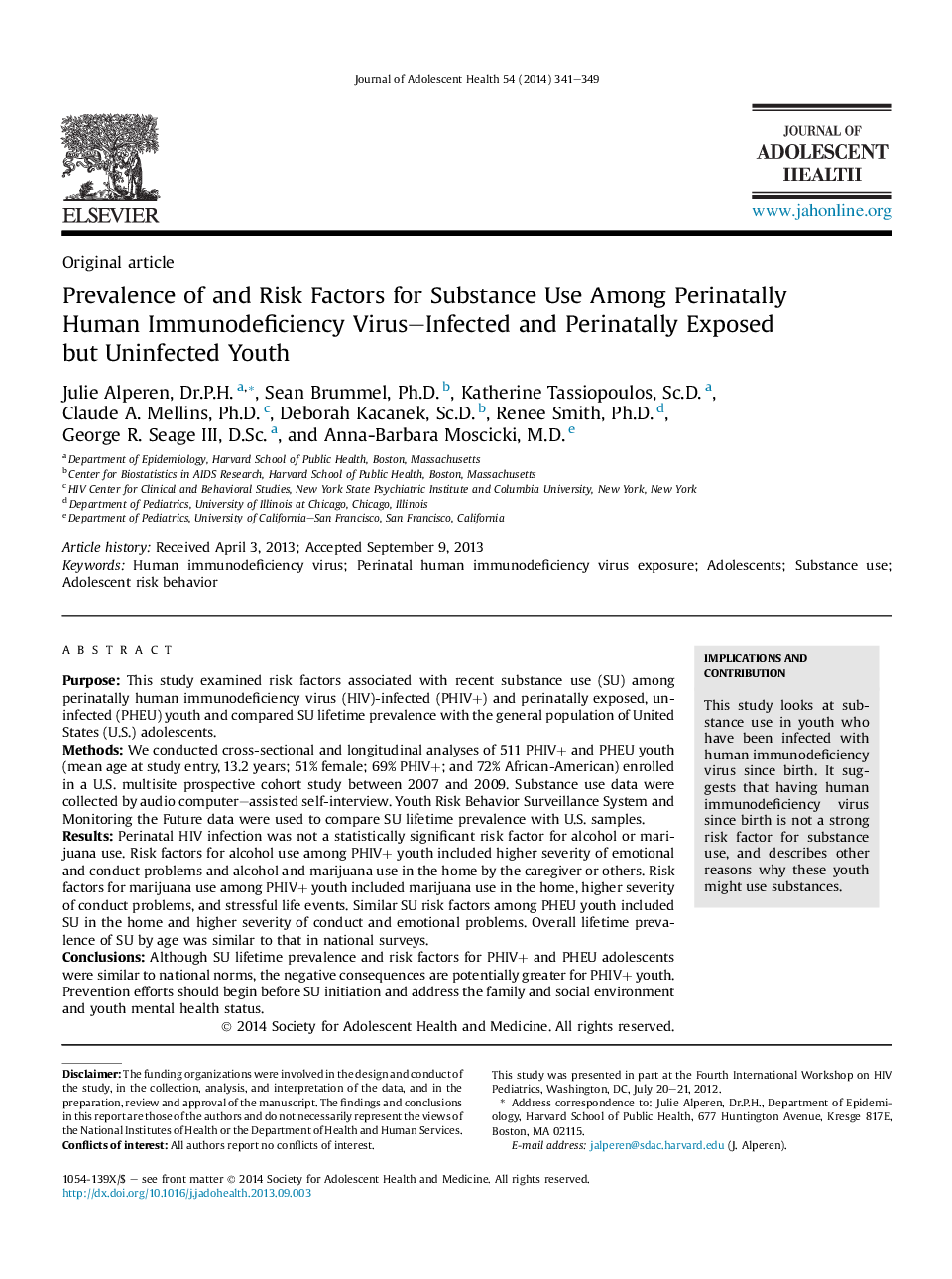Prevalence of and Risk Factors for Substance Use Among Perinatally Human Immunodeficiency Virus-Infected and Perinatally Exposed but Uninfected Youth