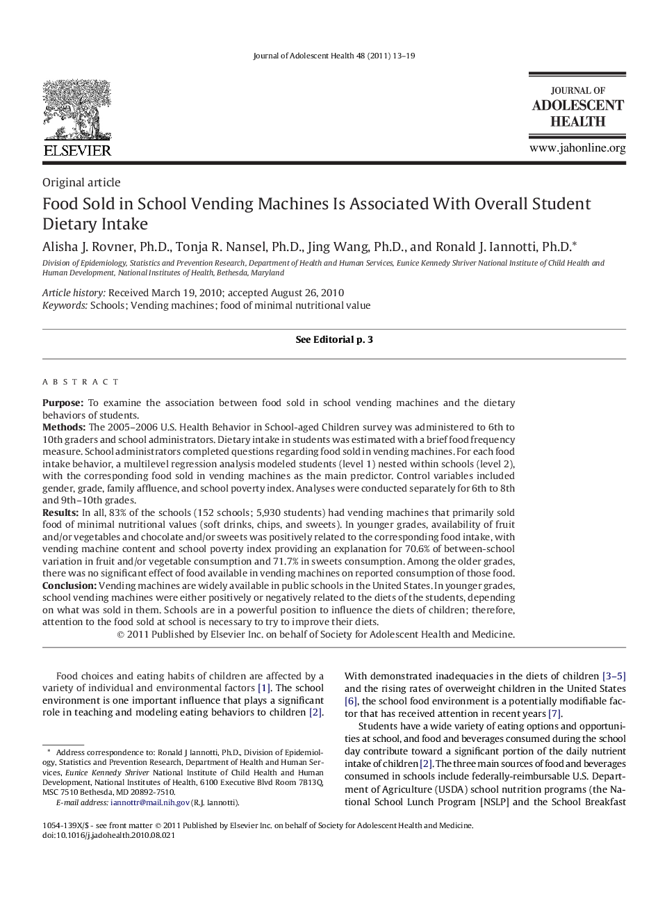 Food Sold in School Vending Machines Is Associated With Overall Student Dietary Intake