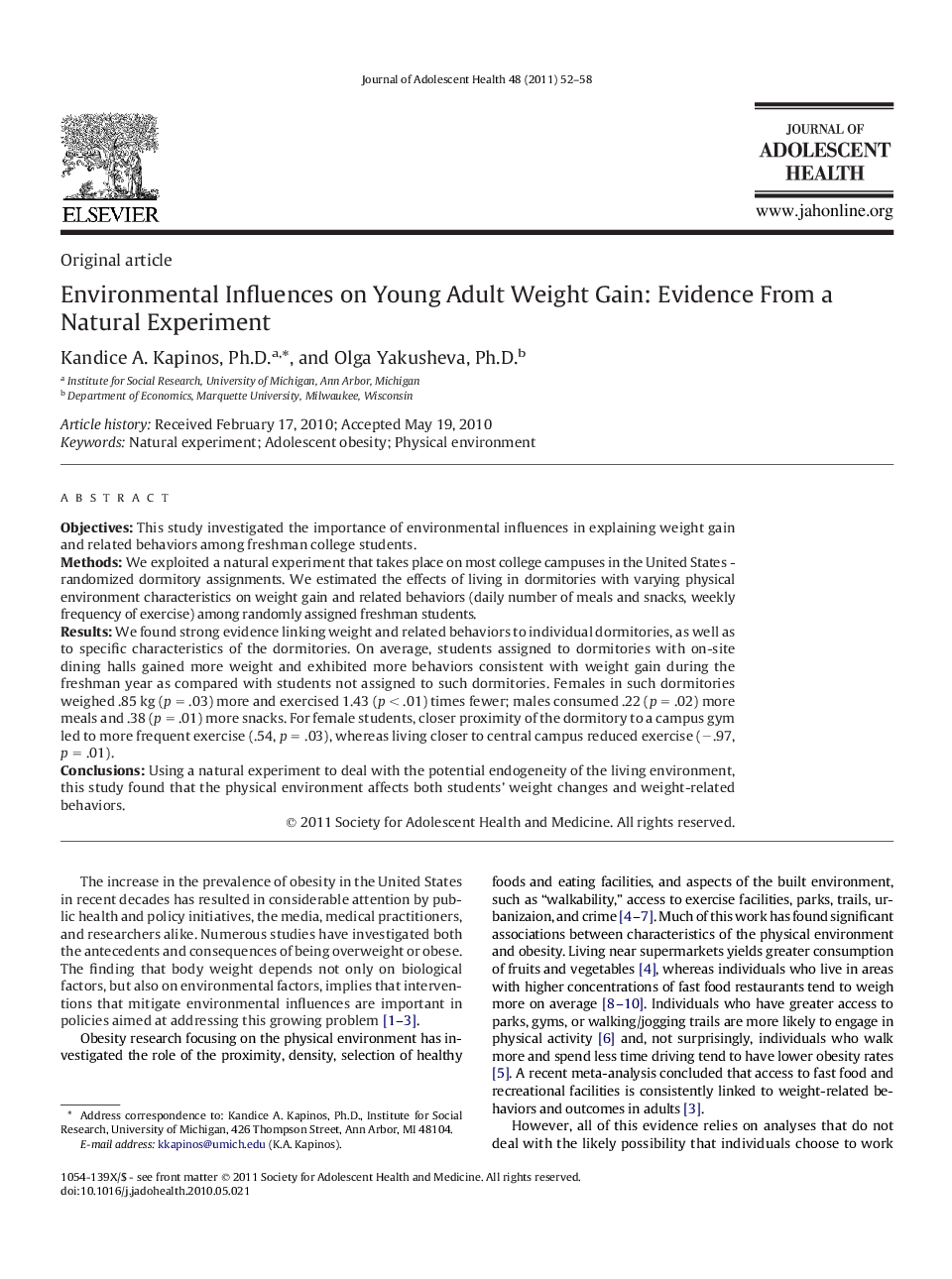 Environmental Influences on Young Adult Weight Gain: Evidence From a Natural Experiment