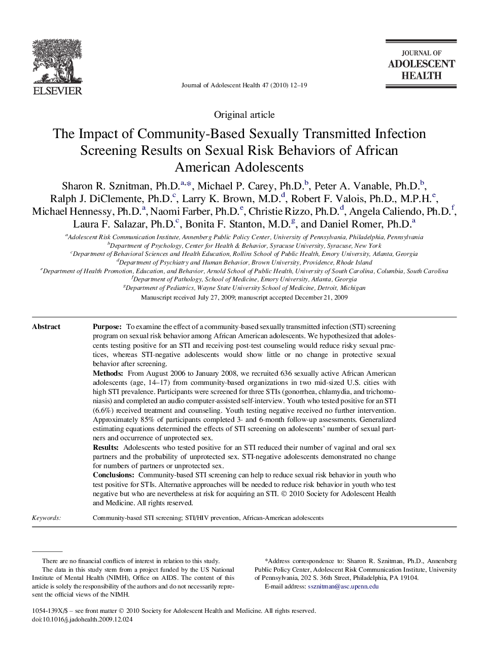 The Impact of Community-Based Sexually Transmitted Infection Screening Results on Sexual Risk Behaviors of African American Adolescents