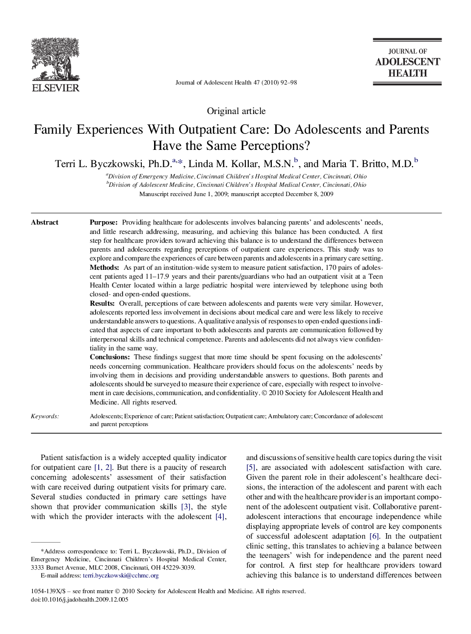 Family Experiences With Outpatient Care: Do Adolescents and Parents Have the Same Perceptions?