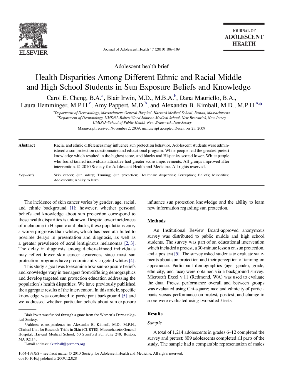 Health Disparities Among Different Ethnic and Racial Middle and High School Students in Sun Exposure Beliefs and Knowledge