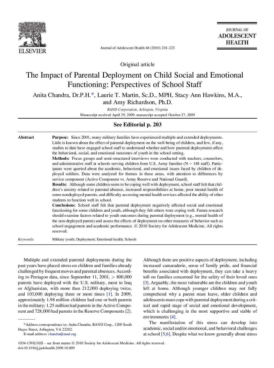 The Impact of Parental Deployment on Child Social and Emotional Functioning: Perspectives of School Staff